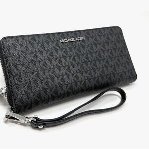 MICHAEL KORS $298 NEW! JET SET CONTINENTAL WALLET/WRISTLET BLACK MK MONOGRAM